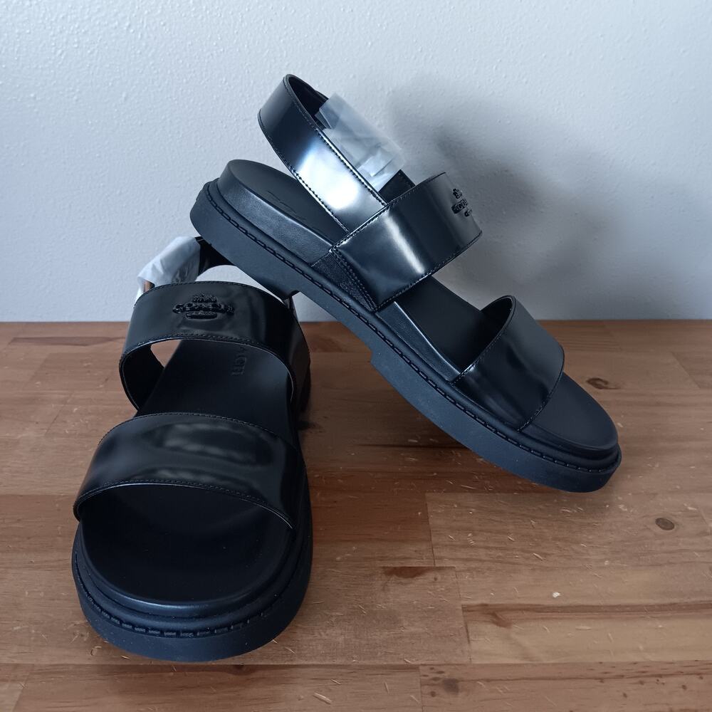 Coach Lockup Two Band Sandal CAP52 Size 7.5 B - Black Leather - Gold Buckle NWB - Picture 2 of 11